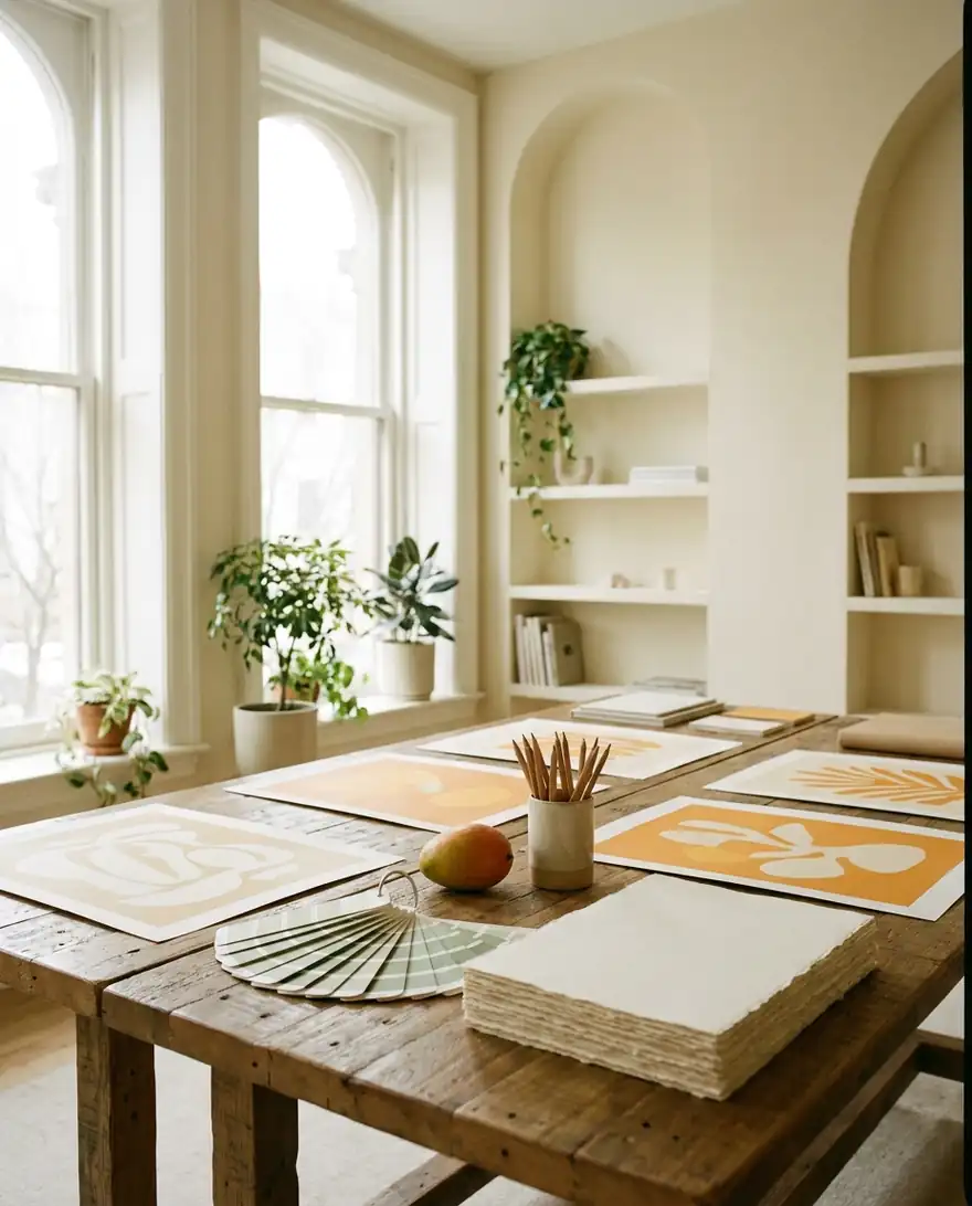 Bright Money Mango studio table covered in brand and print work