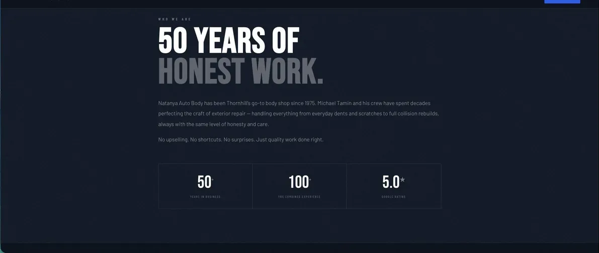 About section of the live Natanya site — 50 Years of Honest Work, established 1975, 100+ years combined experience, 5.0 Google rating