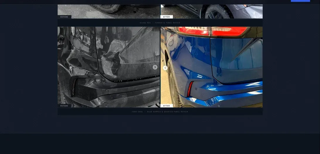 Natanya before and after — Ford Edge rear bumper and quarter panel repaired with the paint perfectly matched