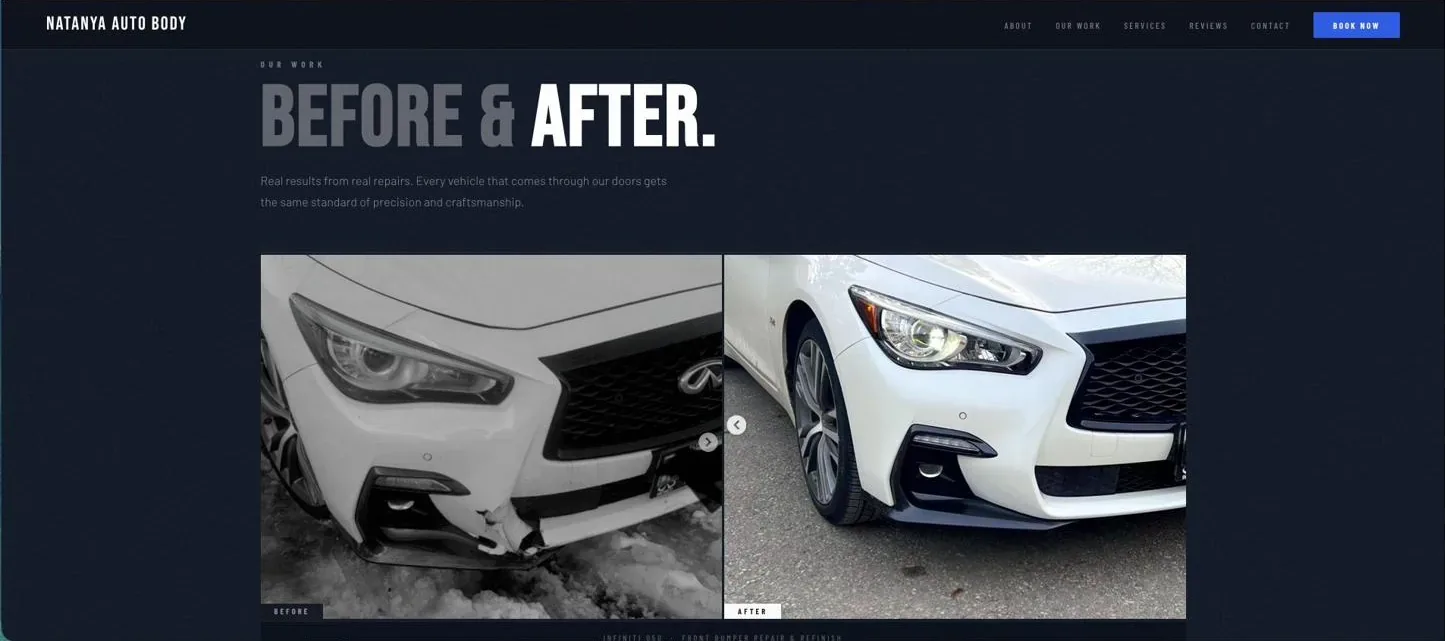 Before & After gallery on the live Natanya site — Infiniti Q50 front bumper shown damaged, then fully repaired