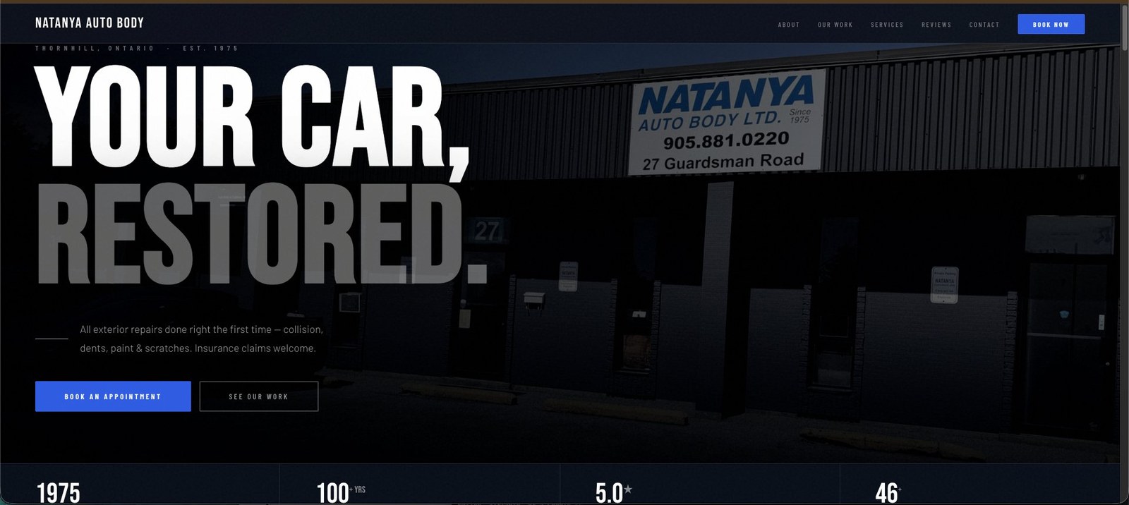 Natanya Auto Body website homepage by Money Mango Studios — YOUR CAR, RESTORED. hero over the Thornhill shopfront