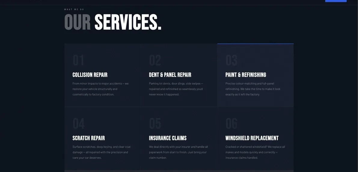 Services section of the live Natanya site — collision repair, dent and panel repair, paint and refinishing, scratch repair, insurance claims, windshield replacement