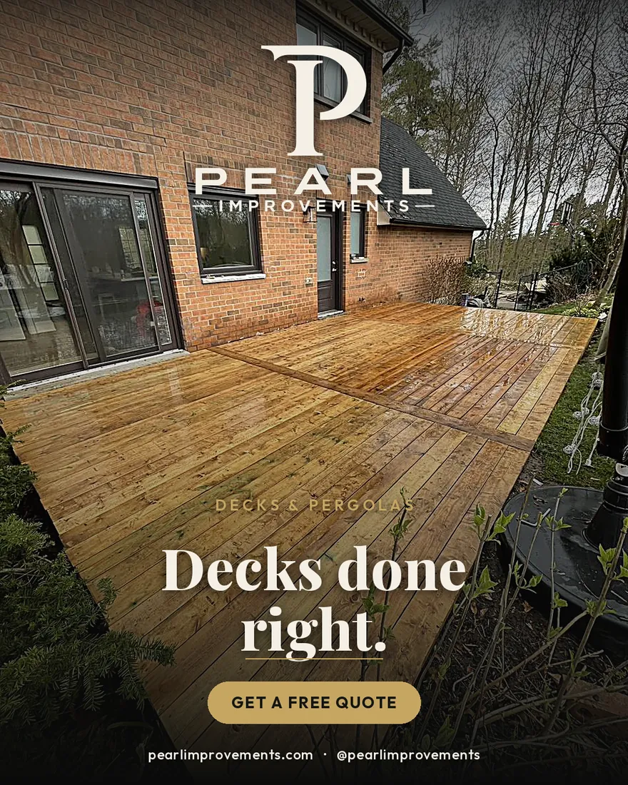 Pearl Improvements social ad by Money Mango Studios — a custom wood deck build, headline Decks done right