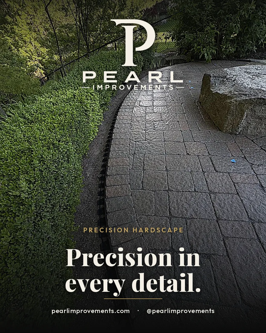 Pearl Improvements social ad by Money Mango Studios — a curved interlock walkway, headline Precision in every detail