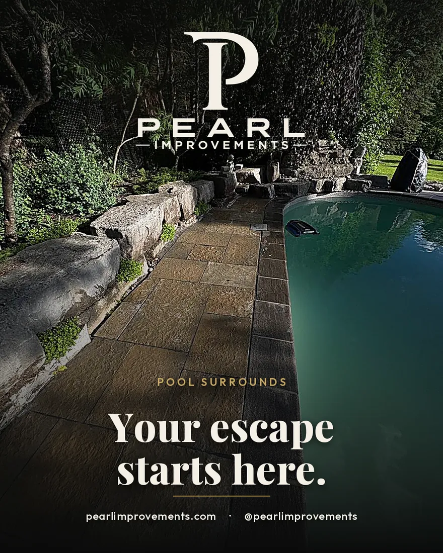 Pearl Improvements social ad by Money Mango Studios — a natural-stone pool surround, headline Your escape starts here