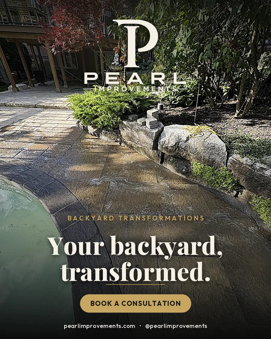 Pearl Improvements social ad by Money Mango Studios — a poolside backyard transformation, headline Your backyard transformed
